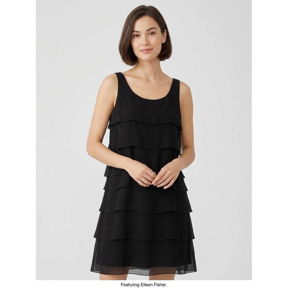 Eileen Fisher Black 100% Silk Tiered Georgette Shift Dress Petite Small PS